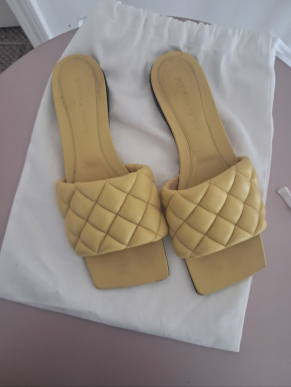 Bottega Veneta Padded Flat Slides Yellow Women's 37 7 Designer Square Toe Summer
